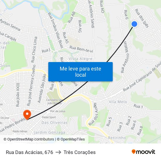 Rua Das Acácias, 676 to Três Corações map