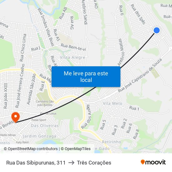 Rua Das Sibipurunas, 311 to Três Corações map