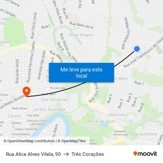 Rua Alice Alves Vilela, 90 to Três Corações map