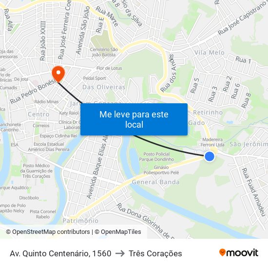 Av. Quinto Centenário, 1560 to Três Corações map