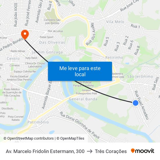 Av. Marcelo Fridolin Estermann, 300 to Três Corações map