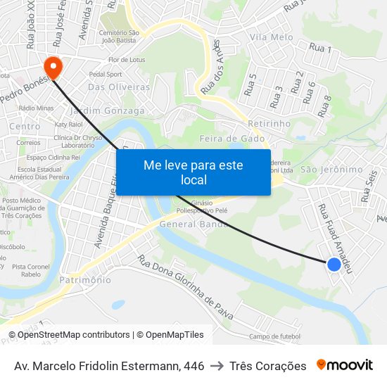 Av. Marcelo Fridolin Estermann, 446 to Três Corações map