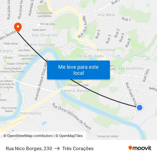 Rua Nico Borges, 230 to Três Corações map