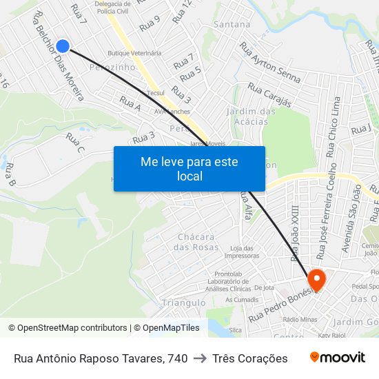 Rua Antônio Raposo Tavares, 740 to Três Corações map