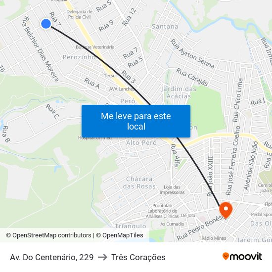 Av. Do Centenário, 229 to Três Corações map