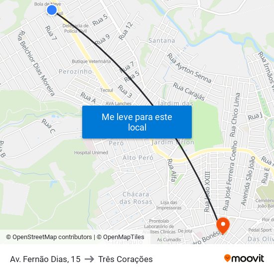 Av. Fernão Dias, 15 to Três Corações map