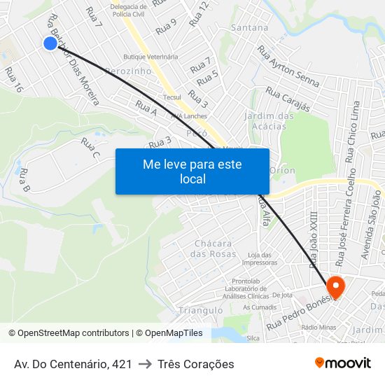 Av. Do Centenário, 421 to Três Corações map