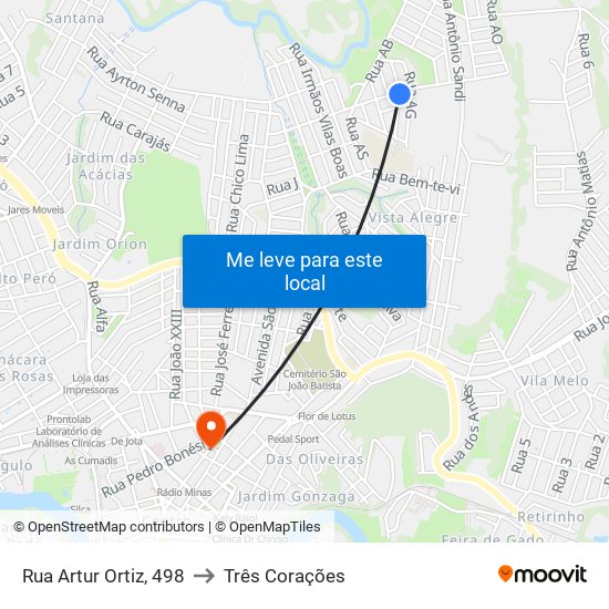 Rua Artur Ortiz, 498 to Três Corações map
