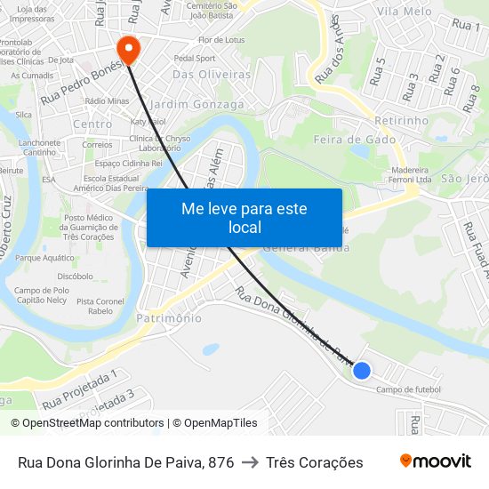 Rua Dona Glorinha De Paiva, 876 to Três Corações map