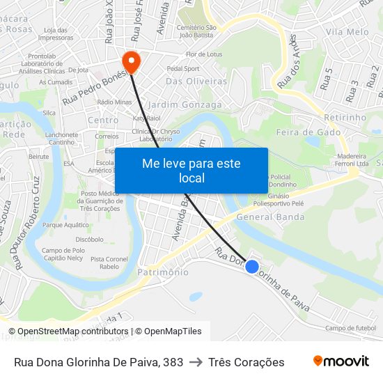 Rua Dona Glorinha De Paiva, 383 to Três Corações map