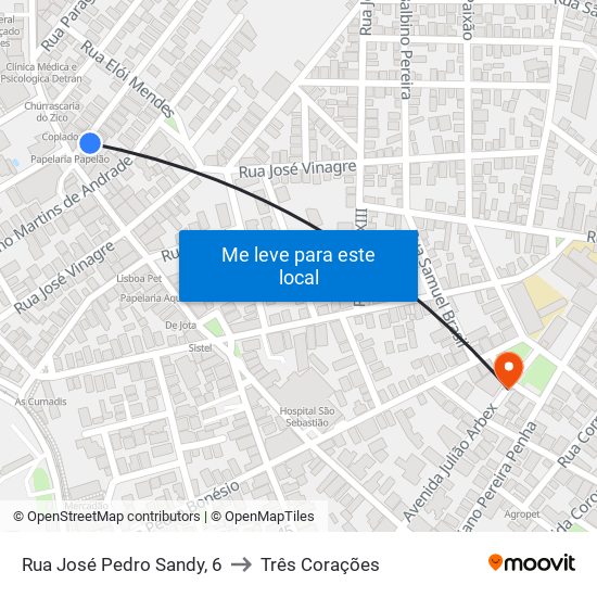 Rua José Pedro Sandy, 6 to Três Corações map