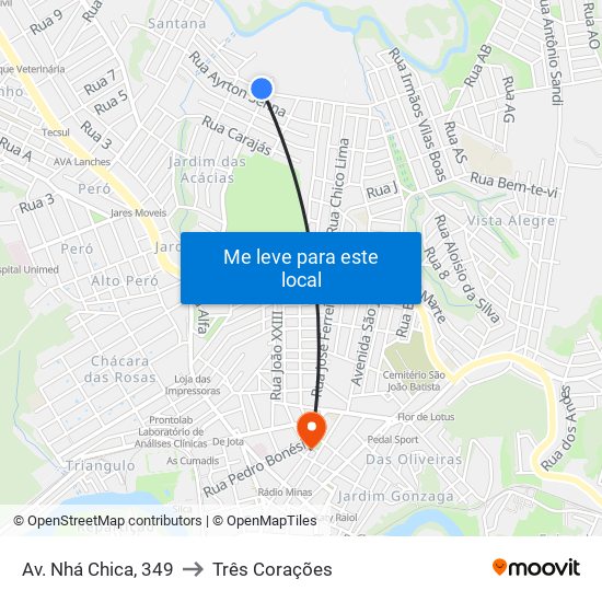 Av. Nhá Chica, 349 to Três Corações map