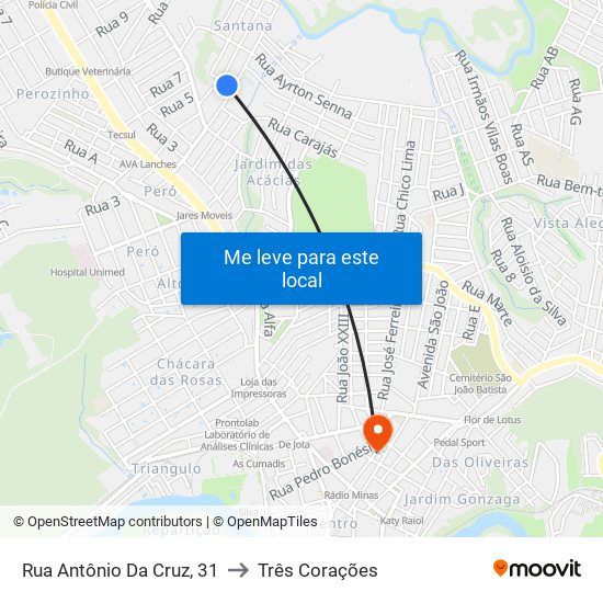 Rua Antônio Da Cruz, 31 to Três Corações map