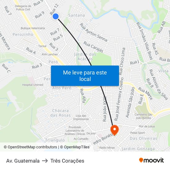 Av. Guatemala to Três Corações map