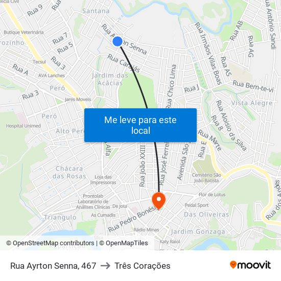 Rua Ayrton Senna, 467 to Três Corações map