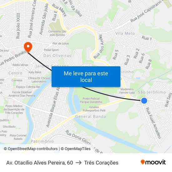 Av. Otacílio Alves Pereira, 60 to Três Corações map