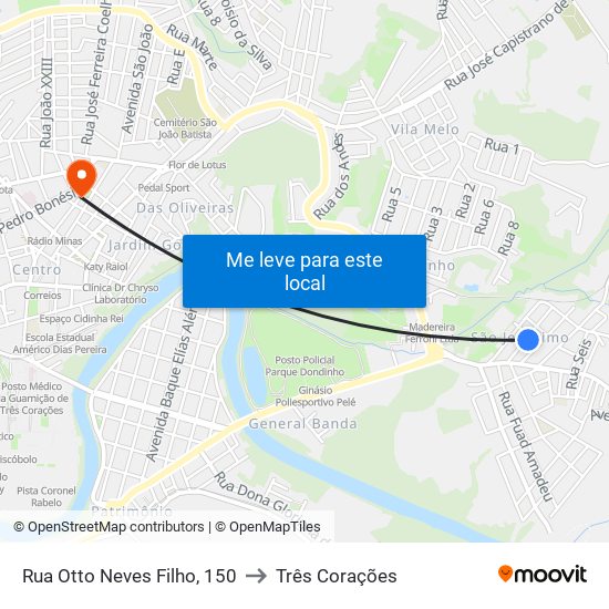 Rua Otto Neves Filho, 150 to Três Corações map