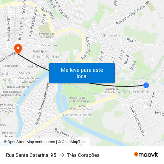 Rua Santa Catarina, 95 to Três Corações map