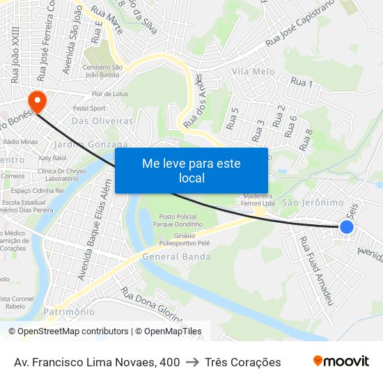 Av. Francisco Lima Novaes, 400 to Três Corações map