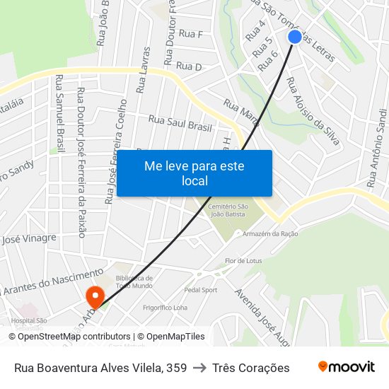 Rua Boaventura Alves Vilela, 359 to Três Corações map