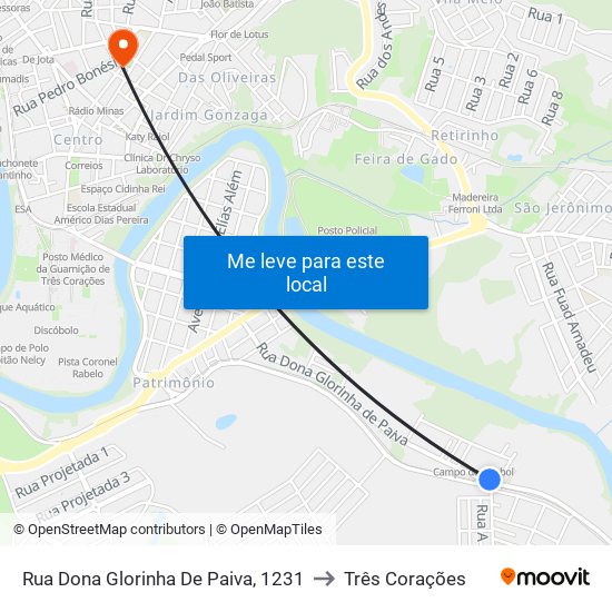 Rua Dona Glorinha De Paiva, 1231 to Três Corações map