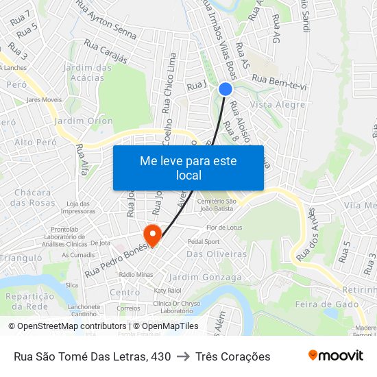 Rua São Tomé Das Letras, 430 to Três Corações map