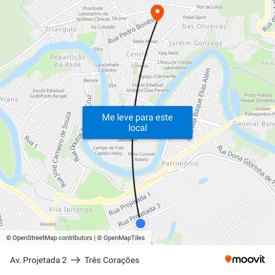 Av. Projetada 2 to Três Corações map