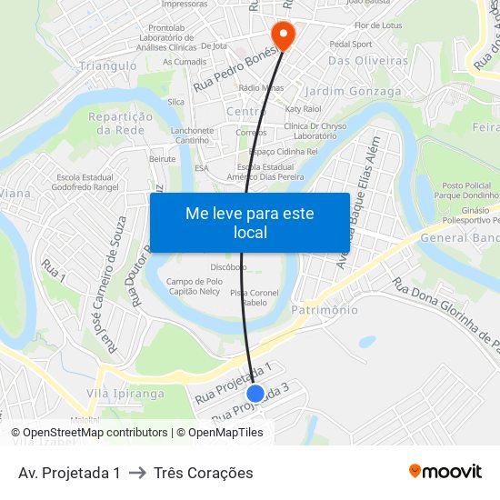 Av. Projetada 1 to Três Corações map