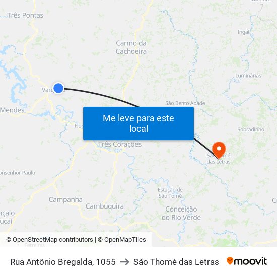 Rua Antônio Bregalda, 1055 to São Thomé das Letras map