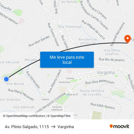 Av. Plínio Salgado, 1115 to Varginha map