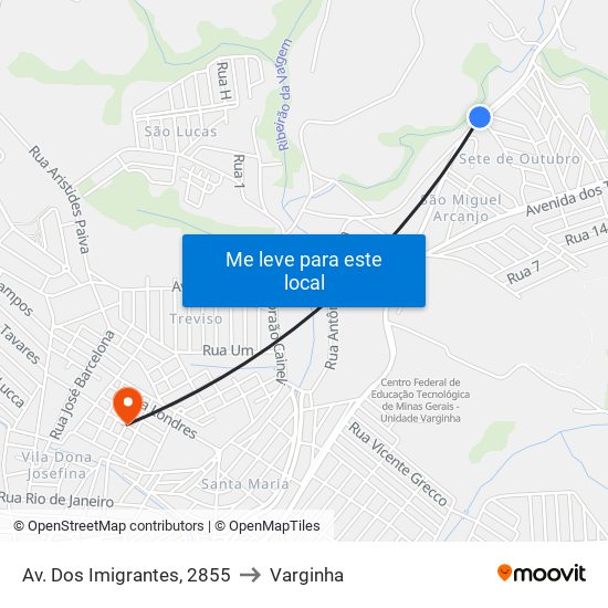 Av. Dos Imigrantes, 2855 to Varginha map