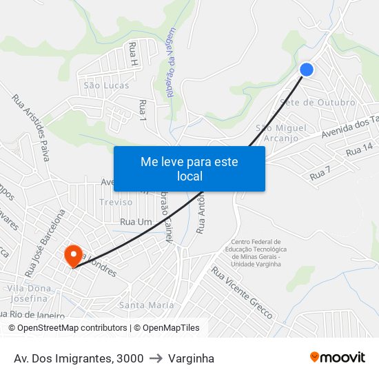 Av. Dos Imigrantes, 3000 to Varginha map