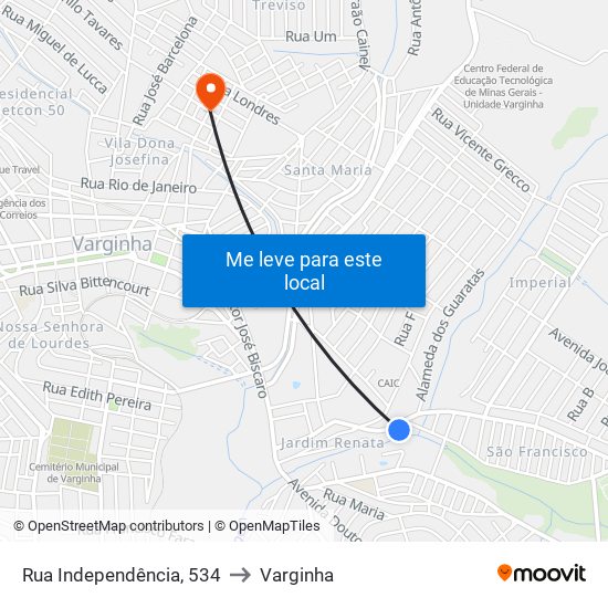 Rua Independência, 534 to Varginha map