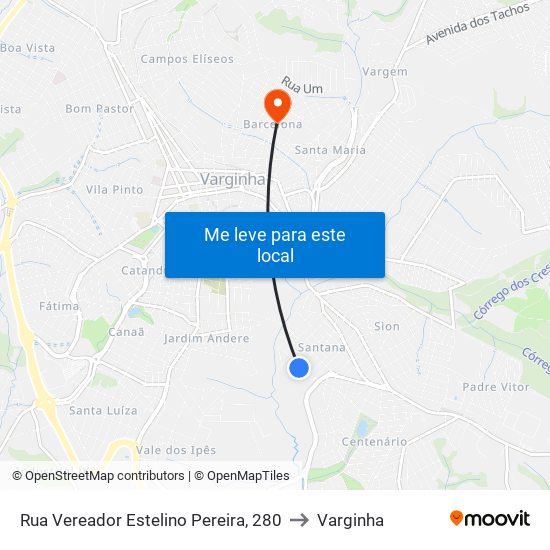Rua Vereador Estelino Pereira, 280 to Varginha map
