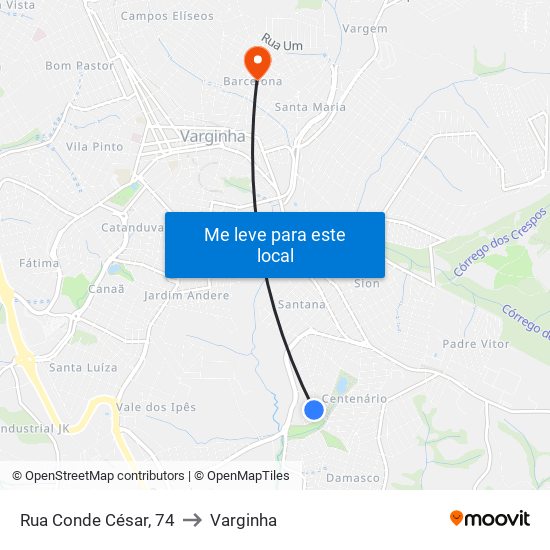 Rua Conde César, 74 to Varginha map