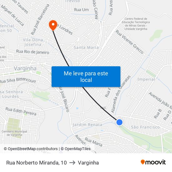 Rua Norberto Miranda, 10 to Varginha map