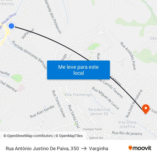 Rua Antônio Justino De Paiva, 350 to Varginha map