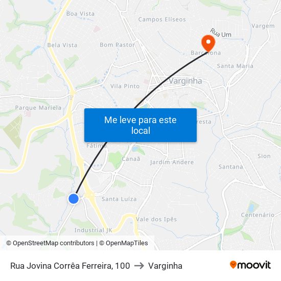 Rua Jovina Corrêa Ferreira, 100 to Varginha map