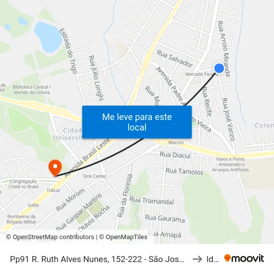 Pp91 R. Ruth Alves Nunes, 152-222 - São José(Parada Frente Casa 166) to Ideau map