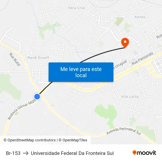 Br-153 to Universidade Federal Da Fronteira Sul map