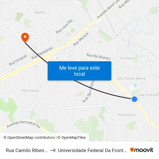 Rua Camilo Ribeiro, 34 to Universidade Federal Da Fronteira Sul map