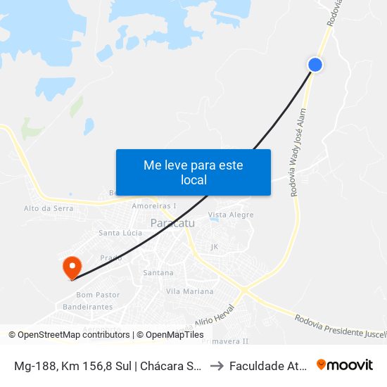 Mg-188, Km 156,8 Sul | Chácara São João to Faculdade Atenas map