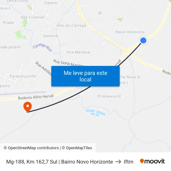 Mg-188, Km 162,7 Sul | Bairro Novo Horizonte to Iftm map
