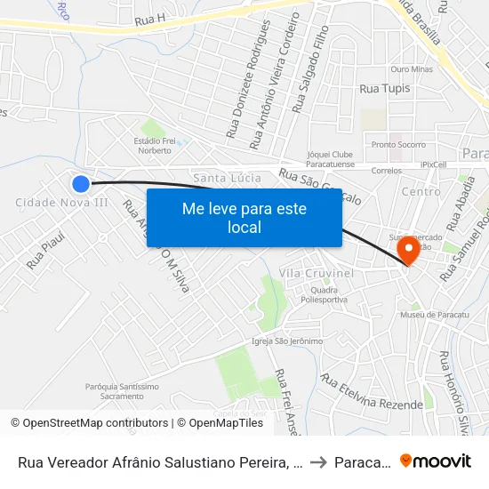 Rua Vereador Afrânio Salustiano Pereira, 83 to Paracatu map