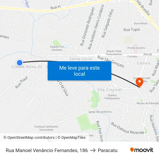 Rua Manoel Venâncio Fernandes, 186 to Paracatu map
