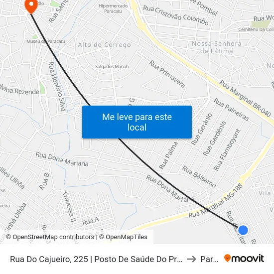 Rua Do Cajueiro, 225 | Posto De Saúde Do Primavera - Ponto Final Da Linha 02 to Paracatu map
