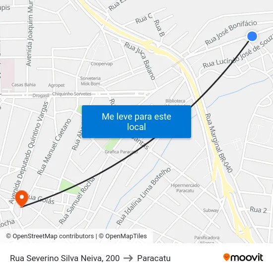 Rua Severino Silva Neiva, 200 to Paracatu map