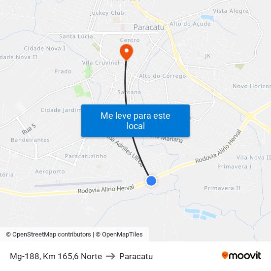 Mg-188, Km 165,6 Norte to Paracatu map