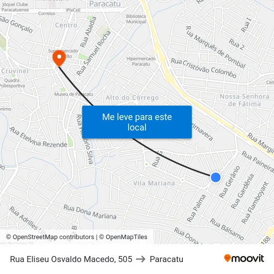 Rua Eliseu Osvaldo Macedo, 505 to Paracatu map