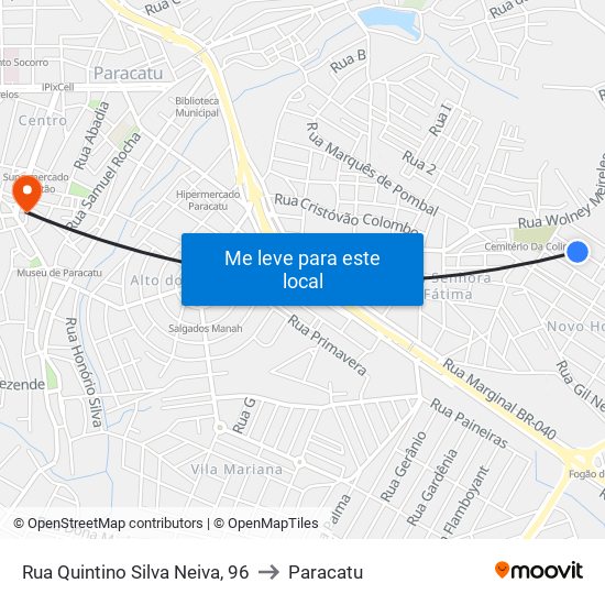 Rua Quintino Silva Neiva, 96 to Paracatu map